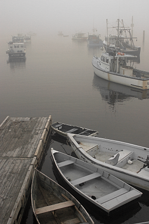 Boats in Fog, Paint Shop Pro Enhanced Reds Film Effect and Orange Filter Effect, by Eric Holsinger