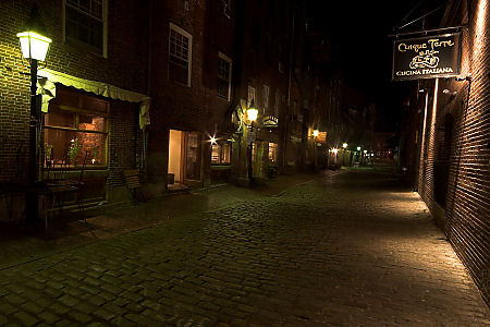 Wharf Steet, Portland, Maine at night by Eric Holsinger
